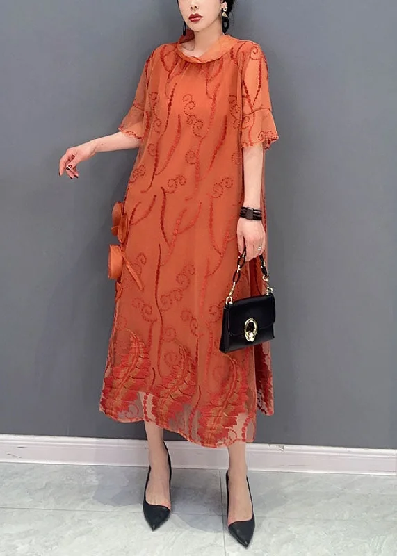 evening dressevening dressFrench Orange Stand Collar Embroideried Tulle Dresses Summer