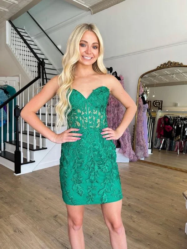 boho dressboho dressStrapless Beaded Green Lace Short Prom Dresses, Green Lace Homecoming Dresses, Green Formal Graduation Evening Dresses SP2712