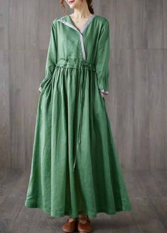 Closeout Chic Green Asymmetrical Design Tie Waist Cotton Holiday Dress Spring