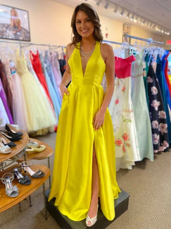 Best Bargains A Line V Neck Open Back Yellow Satin Long Prom Dresses with Slit, V Neck Yellow Formal Graduation Evening Dresses SP2360 Best Bargains A Line V Neck Open Back Yellow Satin Long Prom Dresses with Slit, V Neck Yellow Formal Graduation Evening Dresses SP2360