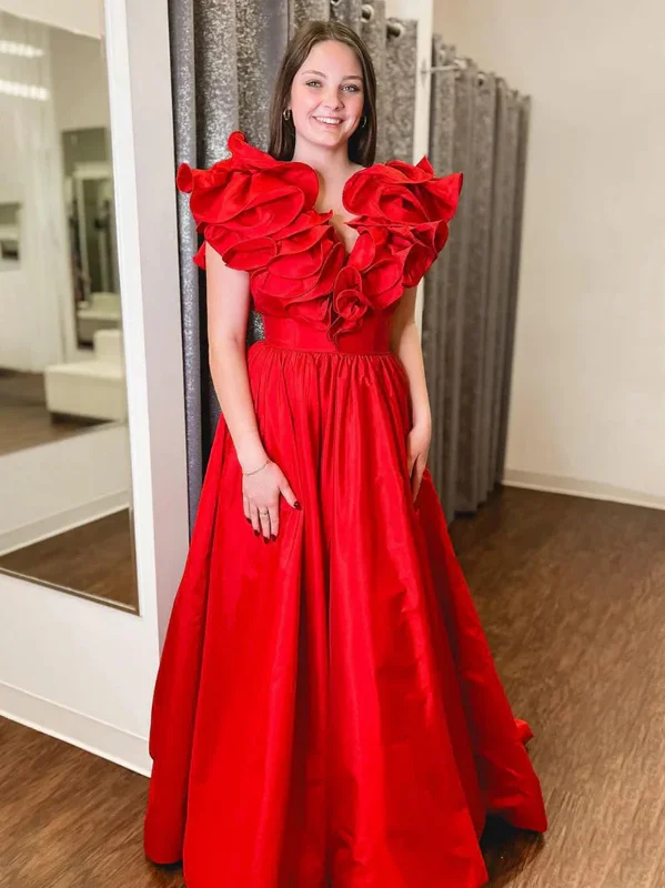 long-sleeve floral dresslong-sleeve floral dressA Line Ruffle V Neck Red Satin Long Prom Dresses, Long Red Formal Graduation Evening Dresses SP3069