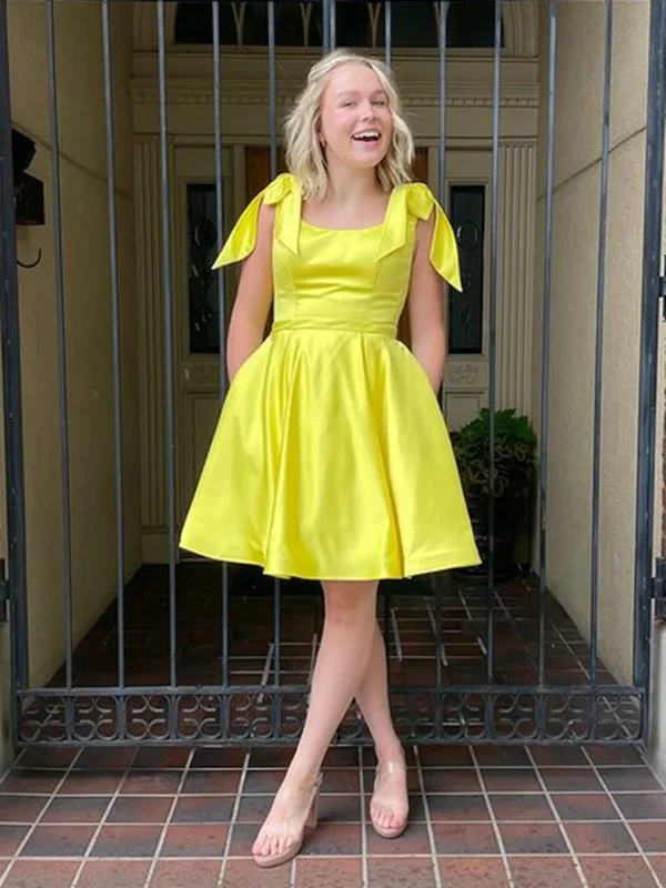 floral dressfloral dressYellow Satin Short Prom Dresses with Pocket, Short Yellow Homecoming Dresses, Yellow Formal Evening Dresses SP2470