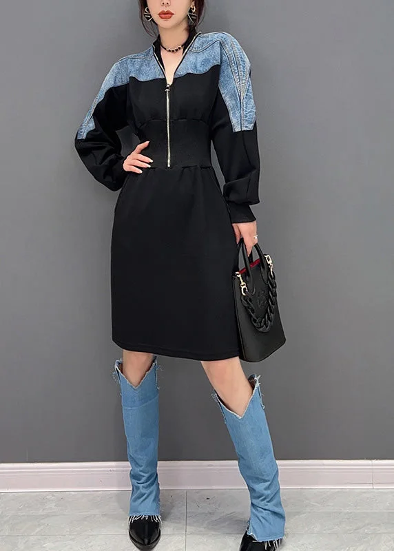 A-line dressA-line dressSlim Fit Black V Neck Zippered Patchwork Denim Maxi Dresses Long Sleeve