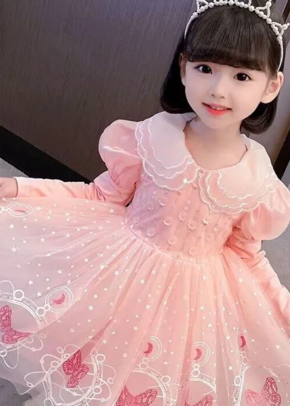 Amazing Deals Style Pink Embroideried Patchwork Tulle Kids Long Dresses Long Sleeve