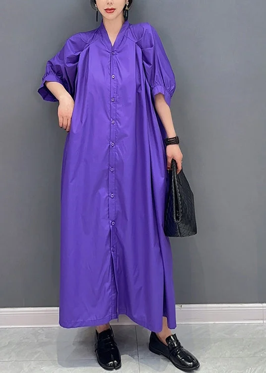 Super Deal Stylish Purple V Neck Puff Sleeve Cotton Maxi Dresses