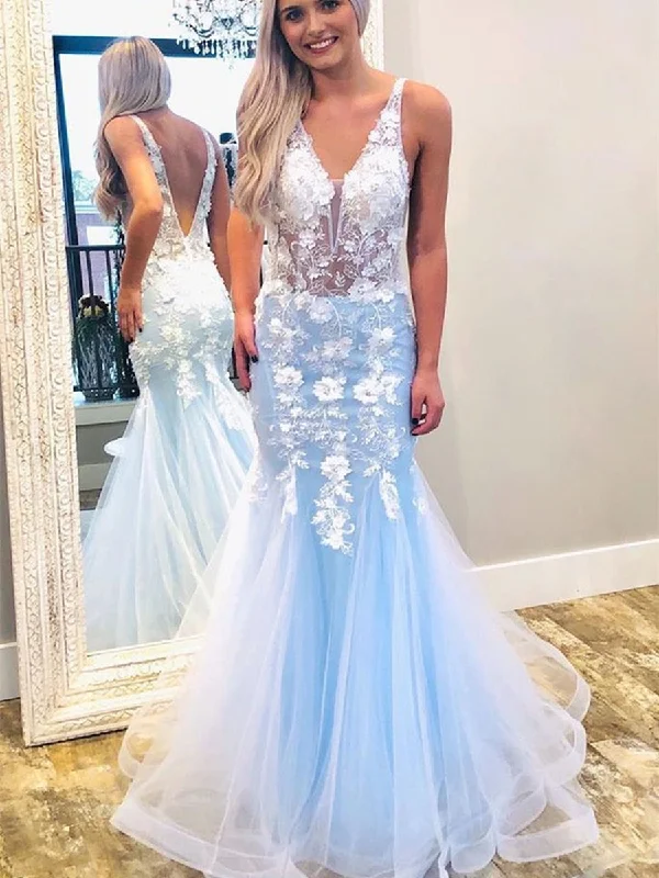 New Markdowns Mermaid V Neck Lace Appliques Floral Long Blue Prom Dresses, Mermaid Lace Blue Formal Dresses, Floral Blue Eveing Dresses