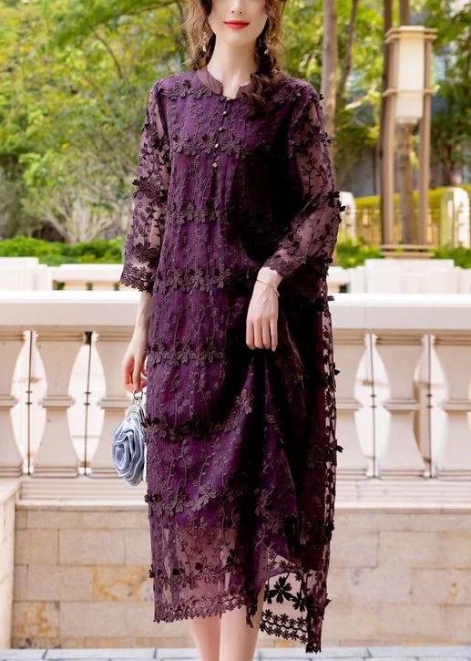 trendy dresstrendy dressWomen Dark Purple Embroideried Hollow Out Organza Long Dress Spring