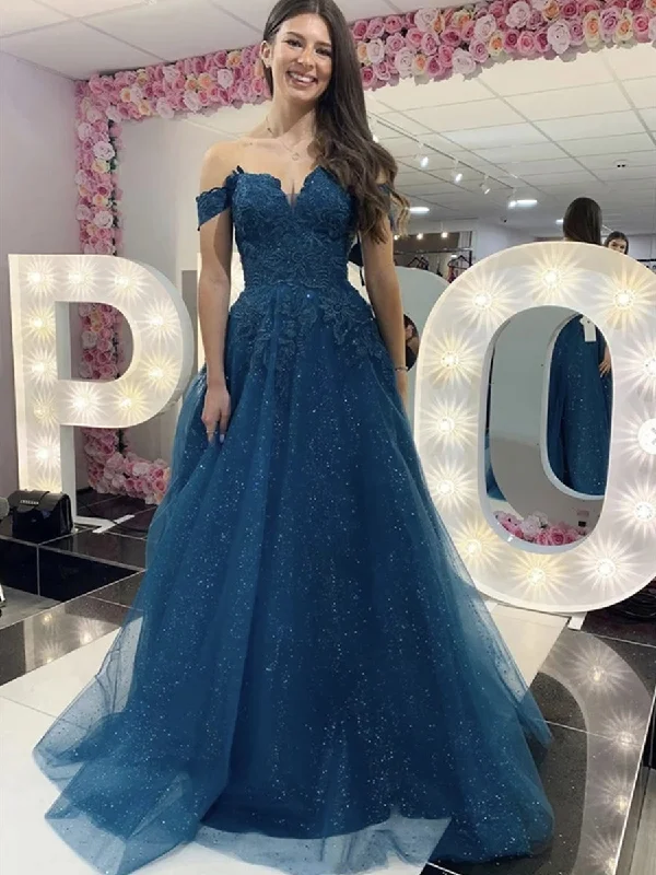 Discount Deals Shiny Off Shoulder Long Blue Lace Prom Dresses, Blue Lace Formal Dresses, Sparkly Blue Evening Dresses Discount Deals Shiny Off Shoulder Long Blue Lace Prom Dresses, Blue Lace Formal Dresses, Sparkly Blue Evening Dresses