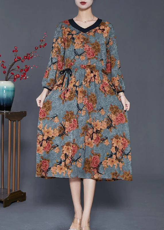 Must-Have Deals Blue Print Vacation Dresses V Neck Cinched Fall