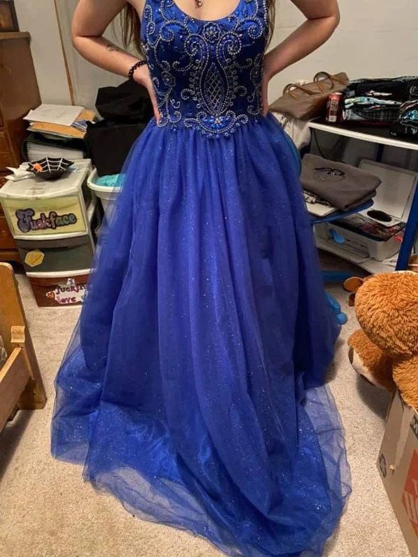 silk dresssilk dressShiny A Line Beaded Blue Tulle Long Prom Dresses, Blue Formal Graduation Evening Dresses with Beadings SP3092