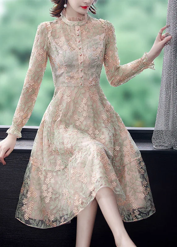 A-line dressA-line dressFrench Beige Stand Collar Embroideried Exra Large Hem Tulle Dresses Spring