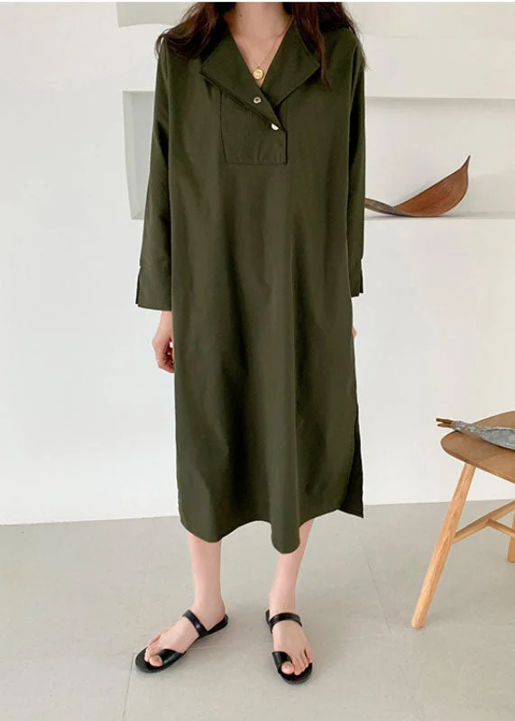 elegant maxi dresselegant maxi dressLoose Army Green V Neck Side Open Patchwork Cotton Dress Spring