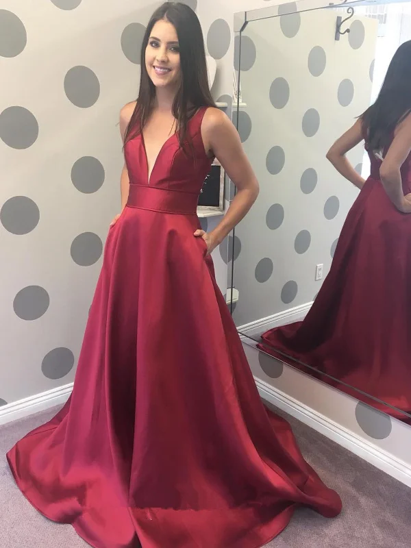 Year-End Sale A Line V Neck Burgundy Satin Long Prom Dresses with Pocket, V Neck Burgundy Formal Graduation Evening Dresses SP2179 Year-End Sale A Line V Neck Burgundy Satin Long Prom Dresses with Pocket, V Neck Burgundy Formal Graduation Evening Dresses SP2179