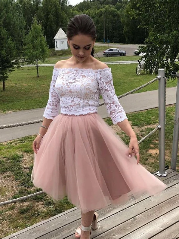 Big Discounts Two Pieces Long Sleeves White Lace Top Pink Short Prom Dresses Homecoming Dresses, Long Sleeves Lace Formal Dresses, Evening Dresses