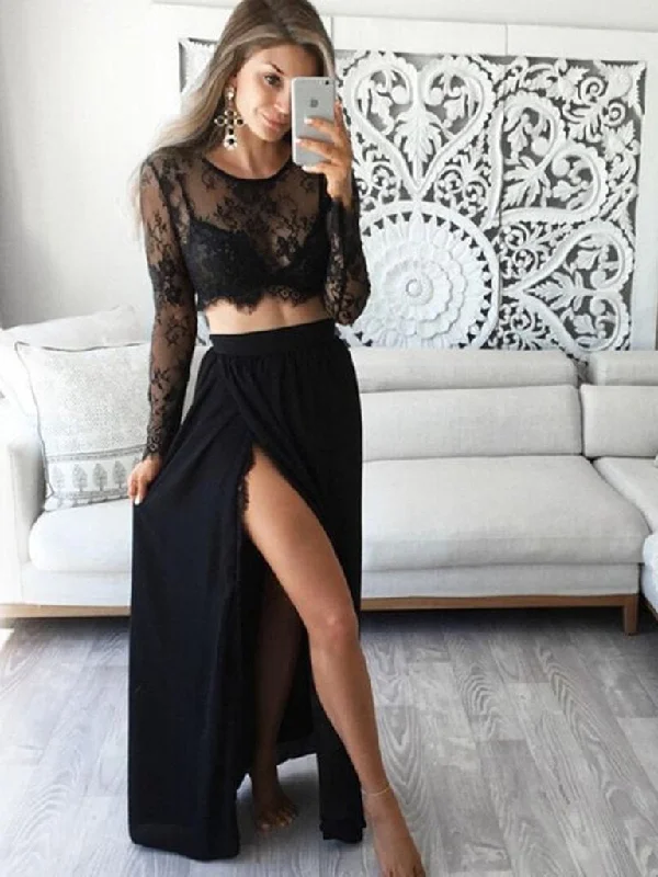 Today's Special Long Sleeves 2 Pieces Lace Black Long Prom Dresses with High Slit, 2 Pieces Black Lace Graduation Dresses, Evening Dresses
