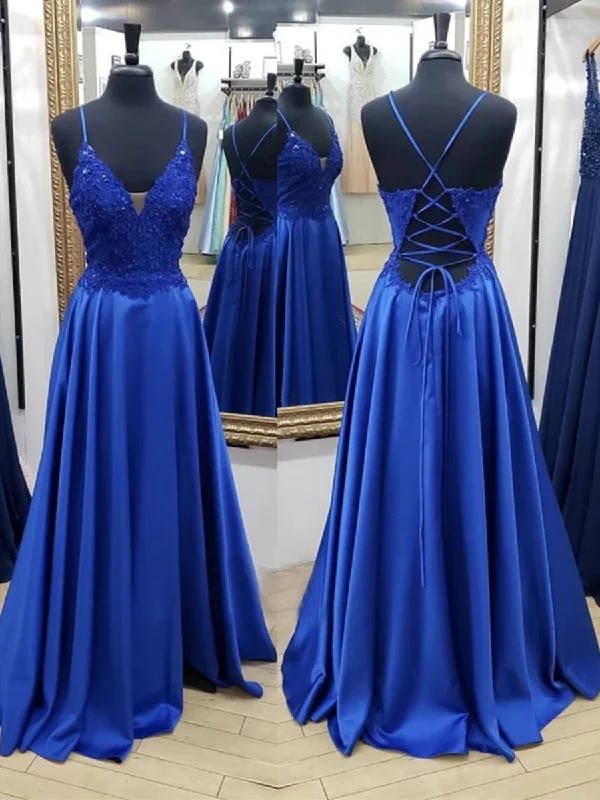 evening dressevening dressA Line V Neck Backless Long Blue Lace Prom Dresses, Backless Blue Lace Formal Graduation Evening Dresses