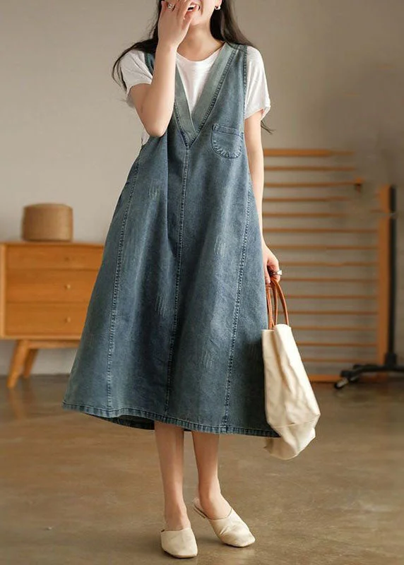 Amazing Deals Vintage Blue V Neck Patchwork Denim Tank Dress Sleeveless