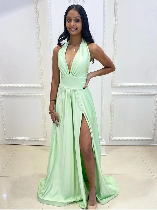 Major Savings Halter V Neck Backless Sage Long Prom Dresses with High Slit, Backless Sage Bridesmaid Dresses, Sage Formal Graduation Evening Dresses SP2069