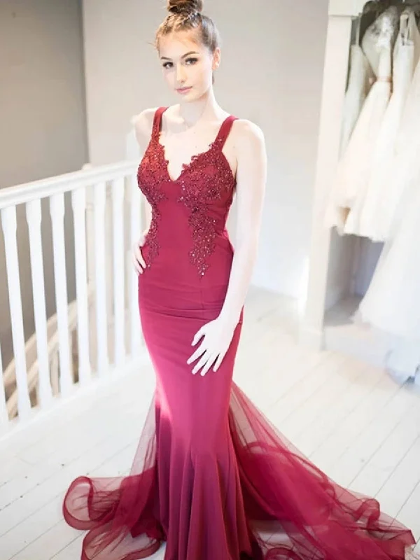 Limited Time Unique V Neck Mermaid Beaded Lace Burgundy Long Prom Dresses, Mermaid Lace Burgundy Formal Graduation Evening Dresses Limited Time Unique V Neck Mermaid Beaded Lace Burgundy Long Prom Dresses, Mermaid Lace Burgundy Formal Graduation Evening Dresses