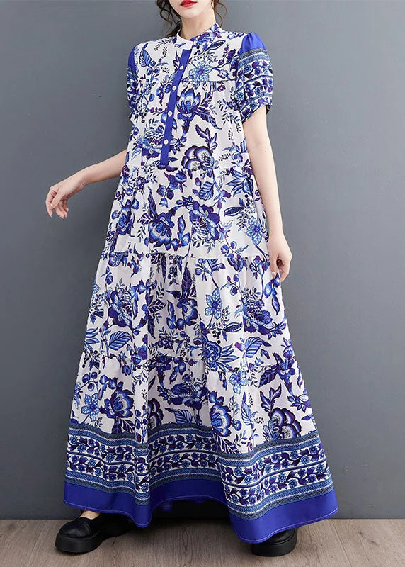 elegant evening dresselegant evening dressBohemian Blue Print Stand Collar Chiffon Long Dress Lantern Sleeve