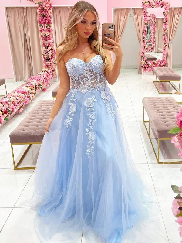 trendy wrap dresstrendy wrap dressStrapless Sweetheart Neck Lace Appliques BLue Long Prom Dresses, Blue Tulle Formal Dresses with Lace Appliques, Blue Evening Dresses SP2392