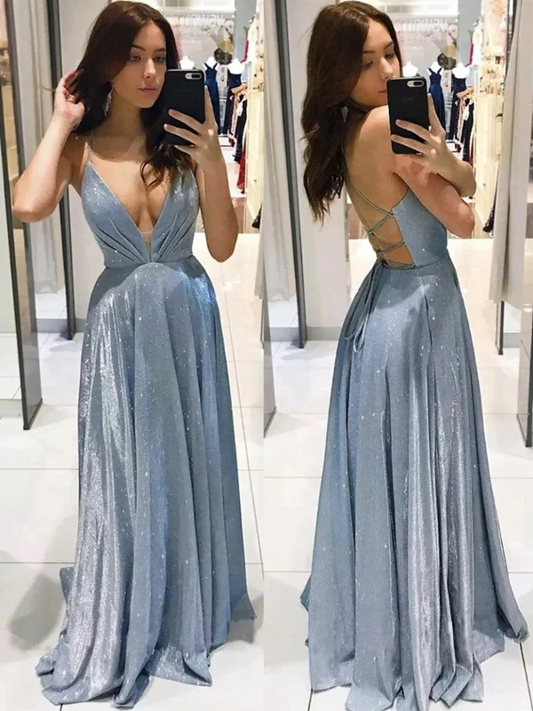 Bargain Prices Shiny V Neck Backless Blue Long Prom Dresses, Open Back Blue Formal Graduation Evening Dresses