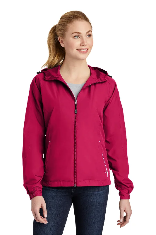 Savings Galore Sport-Tek Womens Water Resistant Full Zip Hooded Jacket - Raspberry Pink/White - Closeout