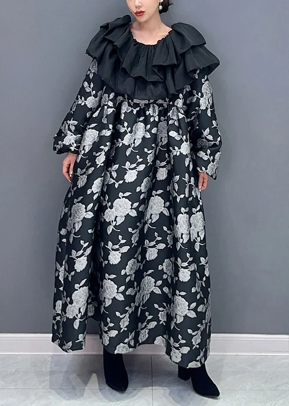 Price Blitz Beautiful Black Ruffled Print Patchwork Cotton Long Dress Fall