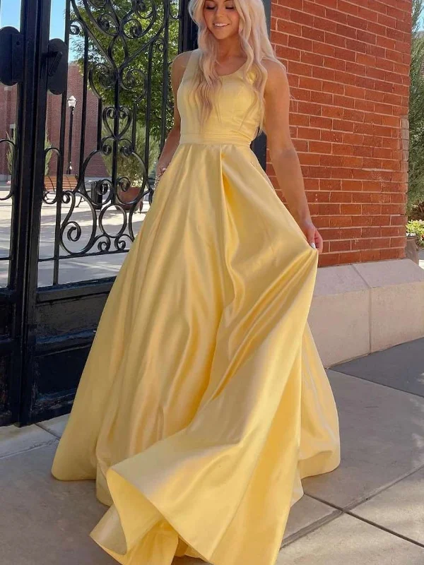 Deal Zone Simple Round Neck Yellow Satin Long Prom Dresses with Pocket, Long Yellow Formal Graduation Evening Dresses SP2534