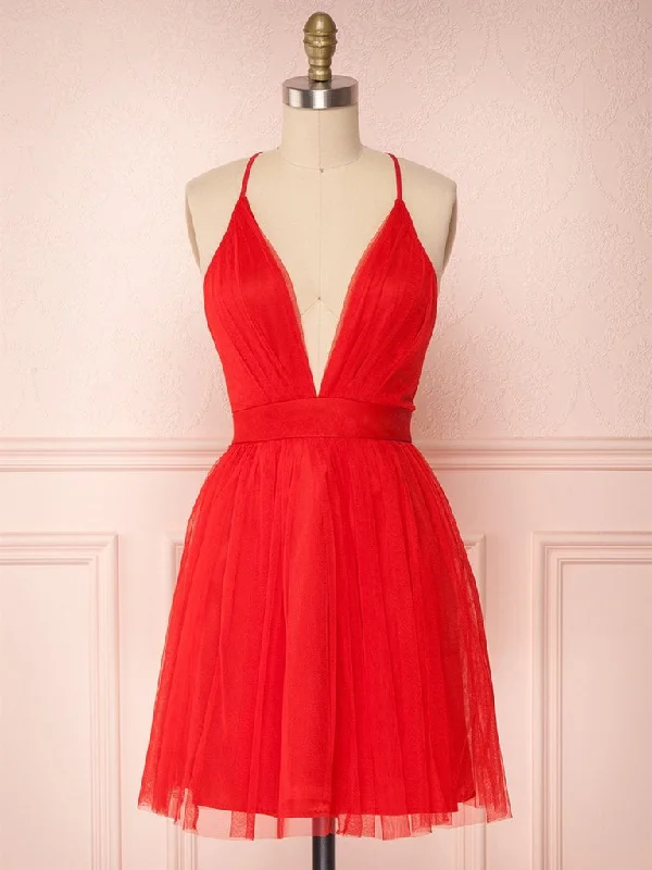 Special Buy Simple Red V Neck Backless Tulle Homecoming Dresses Short Prom Dresses, Cute Red Formal Dresses, Evening Dresses, Graduation Dresses