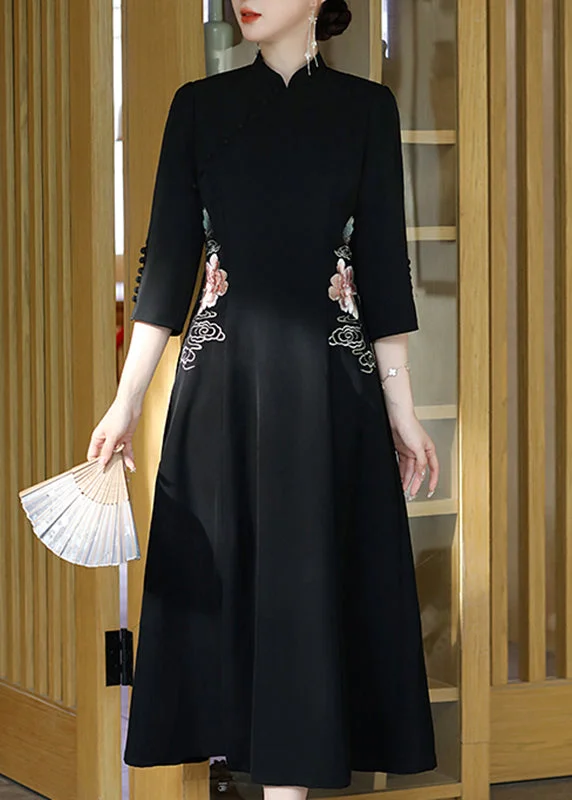 ruched dressruched dressVintage Black Stand Collar Embroideried Button Party Tulle Maxi Dress Long Sleeve