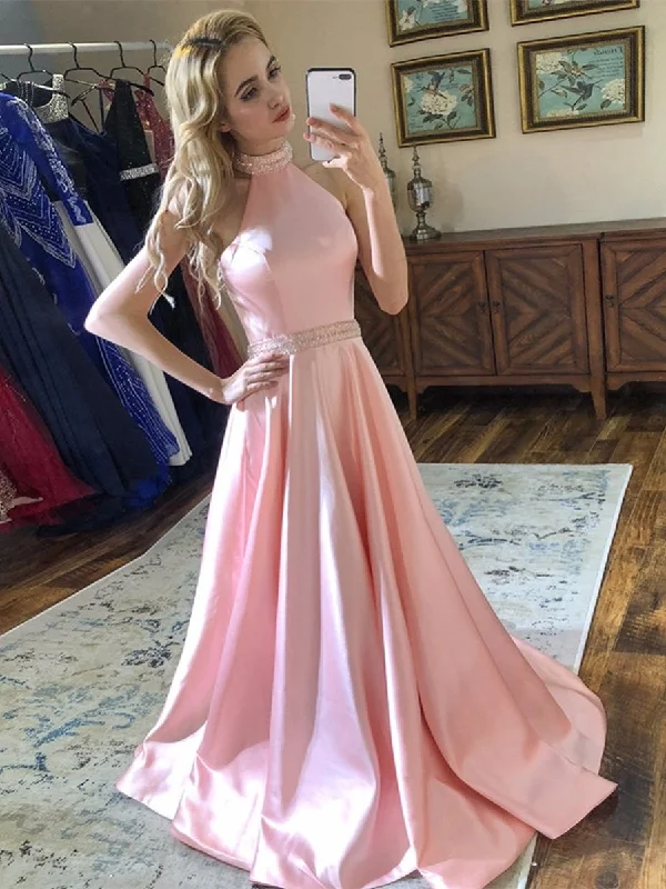 YEAR-End Sale A Line Halter Neck Backless Beading Satin Long Pink Prom Dresses, Backless Pink Formal Dresses, Pink Evening Dresses