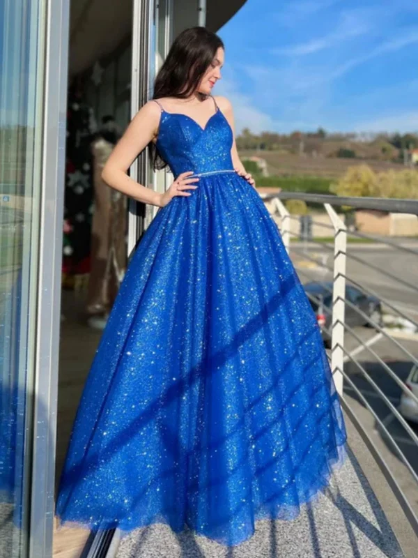 flowy dressflowy dressShiny V Neck Open Back Blue Tulle Long Prom Dresses, Blue Tulle Formal Dresses, Blue Evening Dresses SP2567