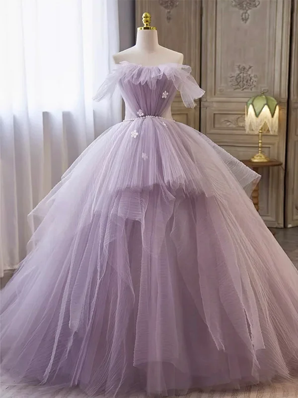 formal dressformal dressStrapless Lilac Tulle Long Prom Dresses with Pearls Belt, Lilac Formal Evening Dresses, Lilac Ball Gown with Appliques SP2810