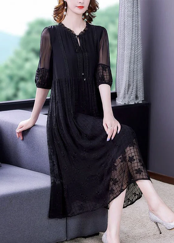 Deal Frenzy Italian Black Embroideried Lace Up Hollow Out Silk Dress Short Sleeve