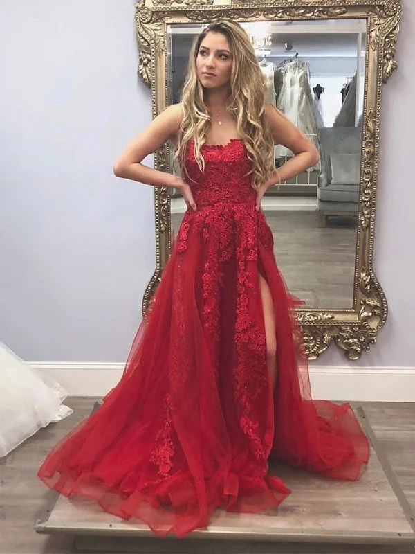 Price Break Gorgeous Long Appliques Burgundy Lace Prom Dresses with High Slit, Burgundy Lace Formal Dresses, Burgundy Evening Dresses