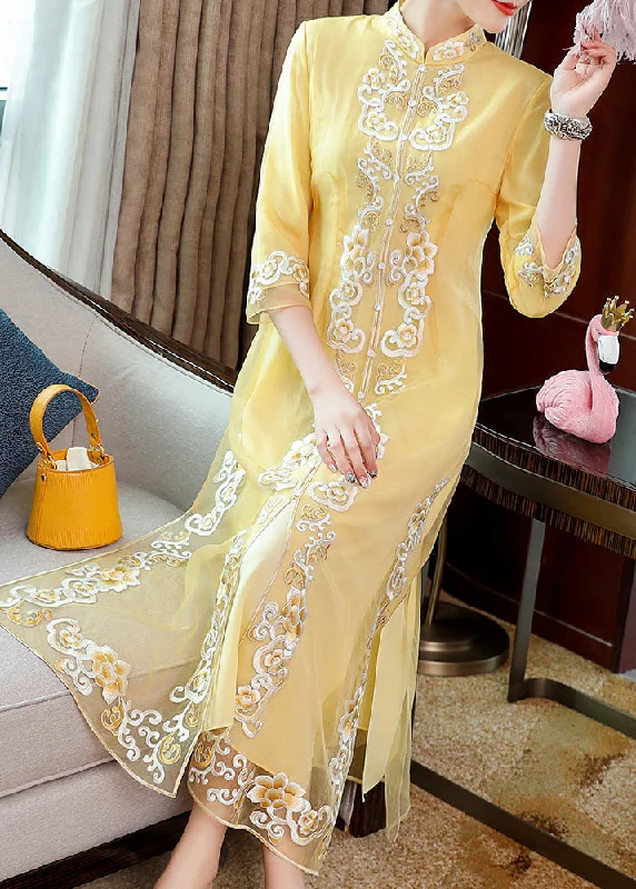 fitted bodycon dressfitted bodycon dressVintage Yellow Stand Collar Embroideried Button Party Tulle Maxi Dress Long Sleeve