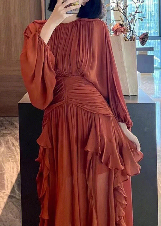 off-shoulder dressoff-shoulder dressSlim Fit Red O-Neck Wrinkled Party Chiffon Maxi Dress Spring