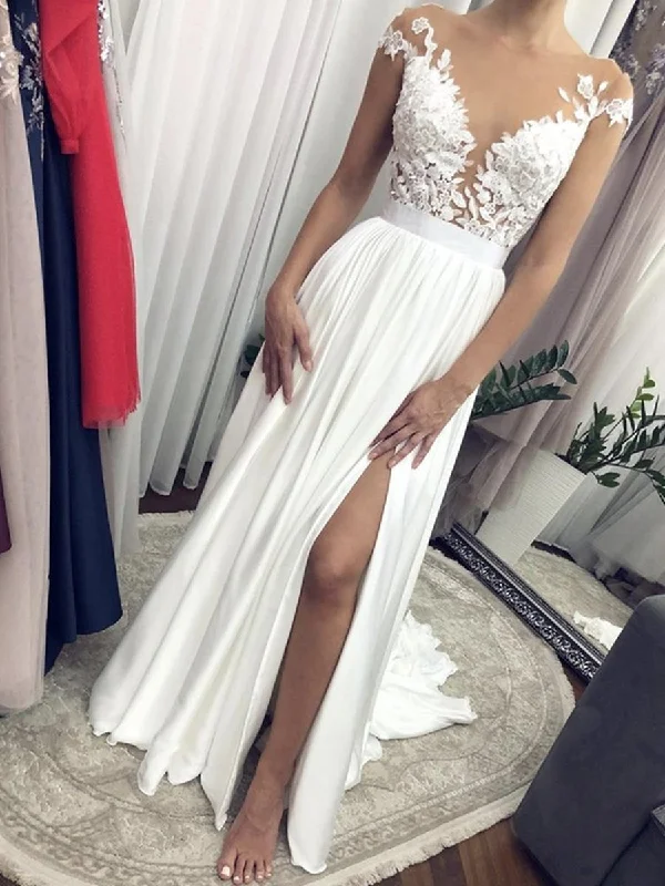 Sneak Peek Sale Cap Sleeves Round Neck White Lace Long Wedding Dresses, Cap Sleeves White Lace Formal Evening Prom Dresses