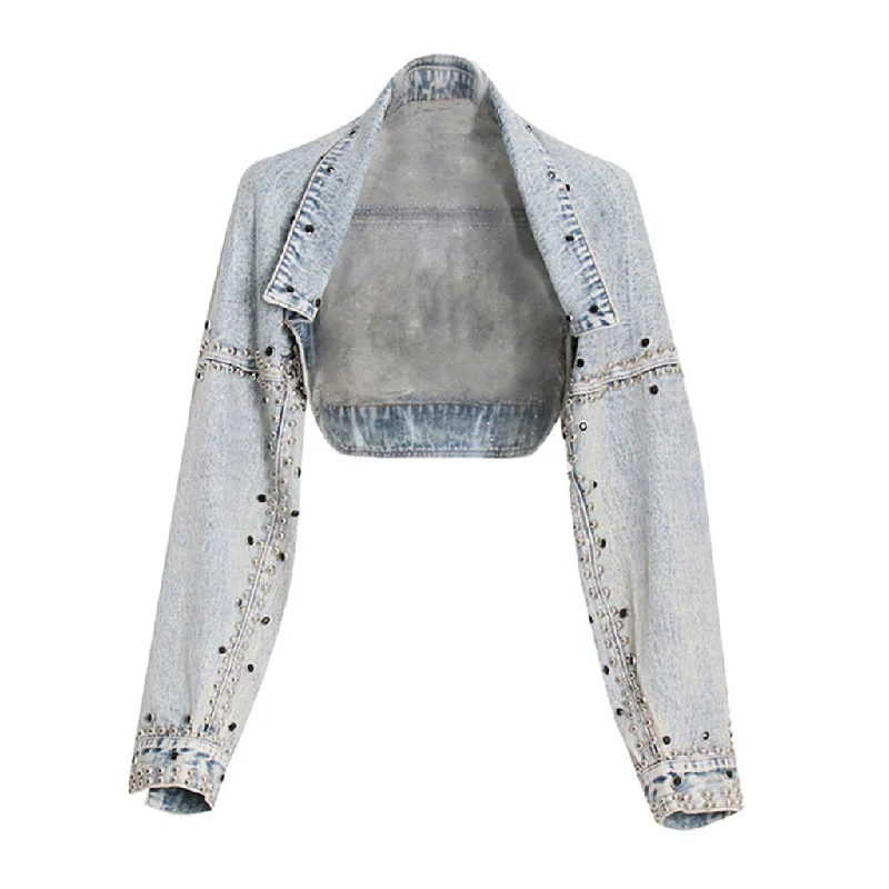 Limited Time Vintage Collared Drop Shoulder Long Sleeve Stud Embellished Denim Bolero Jacket Limited Time Vintage Collared Drop Shoulder Long Sleeve Stud Embellished Denim Bolero Jacket
