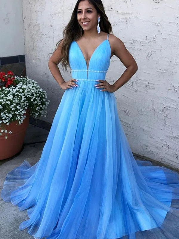 The Best Prices A Line V Neck Blue Long Prom Dresses with Thin Belt, Blue Formal Dresses, Evening Dresses
