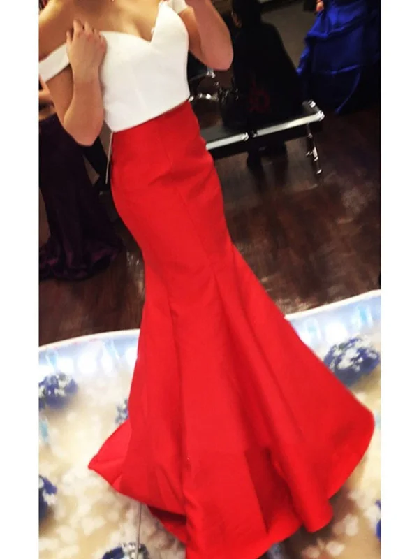 Price Drop White and Red Off Shoulder Mermaid Prom Dresses, Mermaid Formal Dresses
