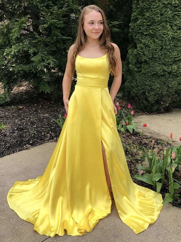 Mega Sale Simple Scoop Neck Yellow Satin Long Prom Dresses with Slit, Yellow Formal Graduation Evening Dresses