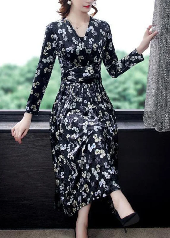 chic wrap dresschic wrap dressSlim Fit Black V Neck Print Silk Velour Long Dress Spring