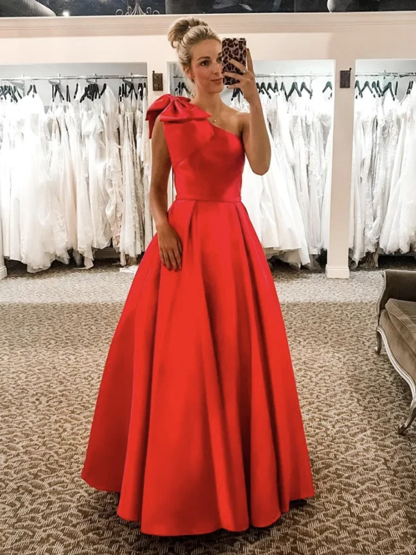 Special Discount One Shoulder Floor Length Red Satin Long Prom Dresses, One Shoulder Red Formal Dresses, Red Evening Dresses