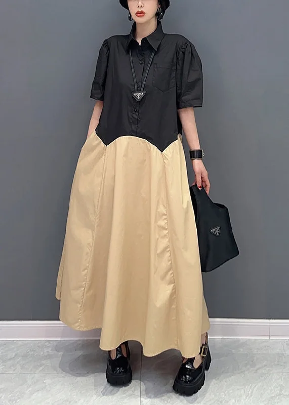 Now or Never Casual Khaki Peter Pan Collar Patchwork Cotton Maxi Dress Summer