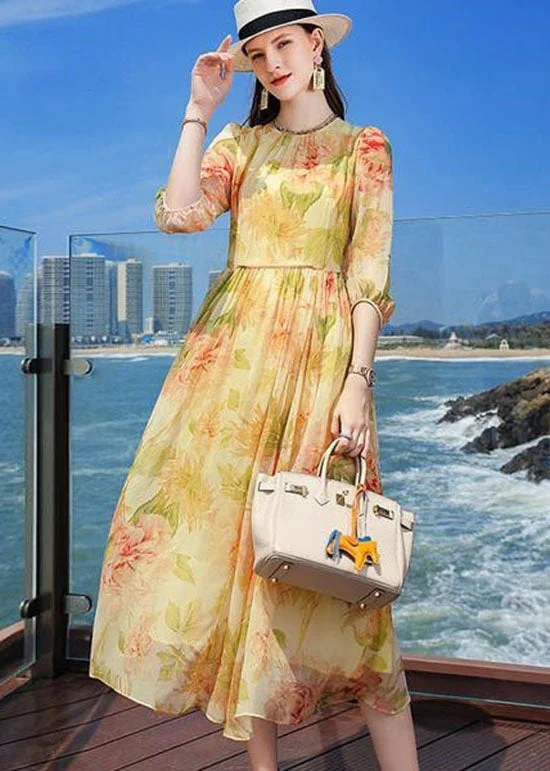 chic dresschic dressFrench Yellow Wrinkled Print Silk Holiday Dress Summer