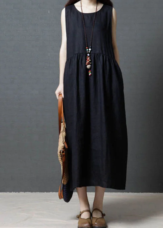 pleated maxi dresspleated maxi dressDiy Black O Neck Wrinkled Patchwork Cotton Dress Sleeveless