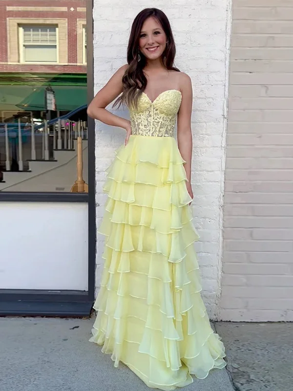 elegant shift dresselegant shift dressStrapless Layered Yellow Lace Top Long Prom Dresses, Long Yellow Formal Dresses, Yellow Chiffon Evening Dresses SP2833