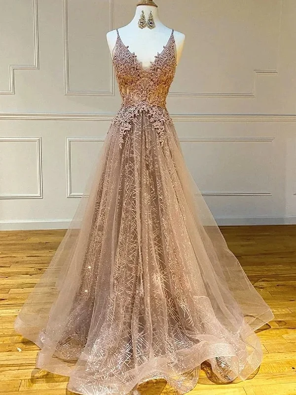 Deal Alert A Line V Neck Lace Champagne Long Prom Dresses, Champagne Lace Formal Graduation Evening Dresses